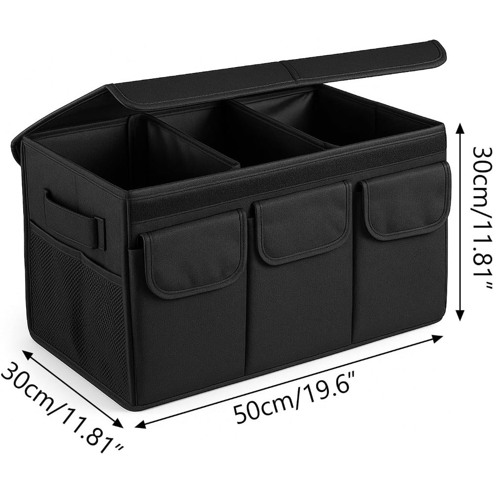 Durable Foldable Car Trunk Organizer with Lid for Cars, SUVs, and Vans – Luggage Sorting Bin with Accessory Compartments for On-the-Go Organization