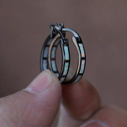 Boho Vintage Blue White Synthetic Opal Earrings | 14K Golden Plated Copper Hoop Earrings for Women, Suitable for Daily and Party Occasions