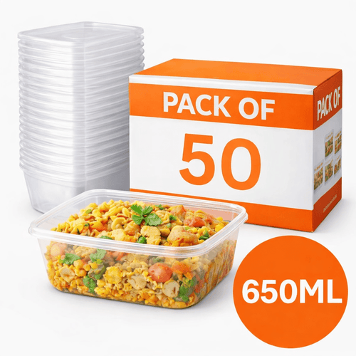 650ml Plastic Food Containers with Lids – Reusable Meal Prep & Takeaway Boxes, Microwave & Freezer Safe Storage for Home, Kitchen & Catering Use, Kitchen or Commercial Use, Pack of 50 Clear