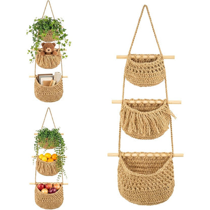 Boho Chic 3-Tier Wall Hanging Storage Basket - Handwoven Rope Organizer for Fruits, Vegetables & More - Easy Install, Versatile Home Decor, Storage Basket
