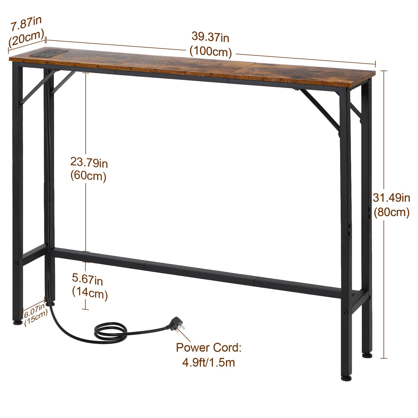 AMHANCIBLE Console Table with Charging Station, Narrow Sofa Table, 1 AC Socket & USB Ports, Entrance Table, Narrow Side Table for Living Room, Metal Frame, Brown