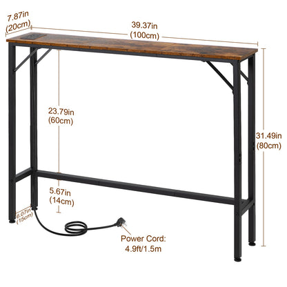 AMHANCIBLE Console Table with Charging Station, Narrow Sofa Table, 1 AC Socket & USB Ports, Entrance Table, Narrow Side Table for Living Room, Metal Frame, Brown