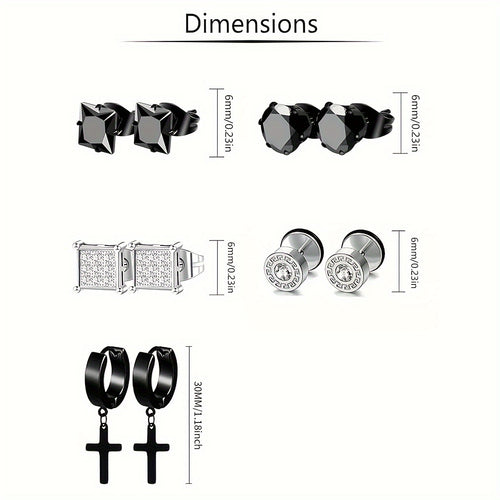 15-Pair Stainless Steel Earring Set for Men & Women - Hypoallergenic, Cubic Zirconia Studs, Cross Dangles & Huggie Hoops in Black & Golden