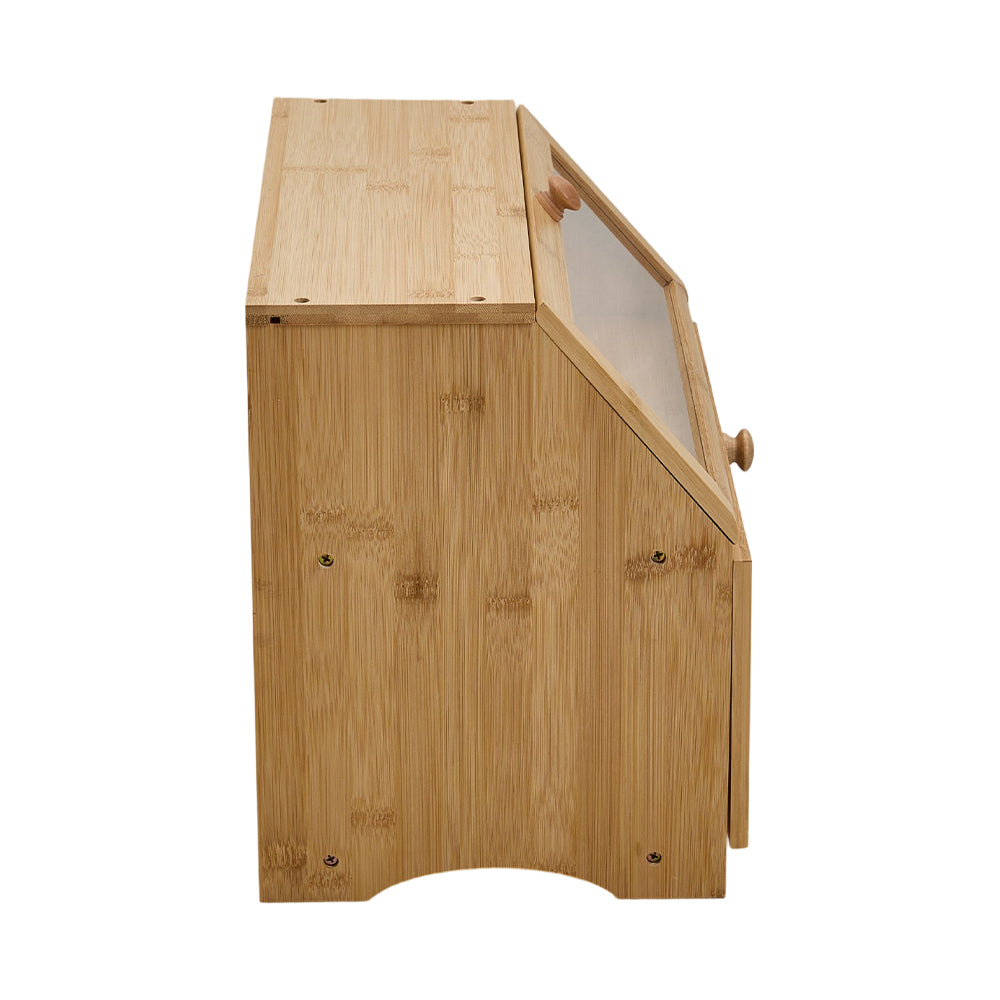 Double Layer Bamboo Bread Box Bread Bin with Transparent Window, Suitable for Kitchen and Dining Room, Pantry Organization Keeps Bread, Fruits, Snacks Fresh, Natural/Black