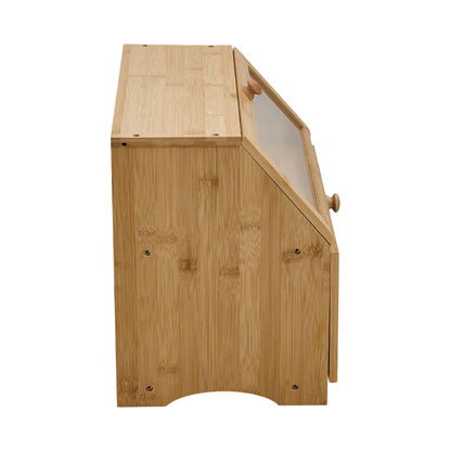 Double Layer Bamboo Bread Box Bread Bin with Transparent Window, Suitable for Kitchen and Dining Room, Pantry Organization Keeps Bread, Fruits, Snacks Fresh, Natural/Black