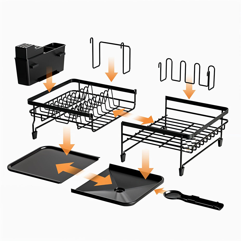 Adjustable Multi-Functional Dish Drainer Rack for the Kitchen, Wrought Iron Kitchen Utensil Rack, Large Capacity Storage Organiser with Drain Board, Utensil Rack, and Cup Hooks, Foldable Design to Save Space, Ideal for Drying Plates, Bowls, Pots, and Uten