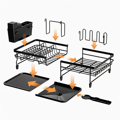 Adjustable Multi-Functional Dish Drainer Rack for the Kitchen, Wrought Iron Kitchen Utensil Rack, Large Capacity Storage Organiser with Drain Board, Utensil Rack, and Cup Hooks, Foldable Design to Save Space, Ideal for Drying Plates, Bowls, Pots, and Uten
