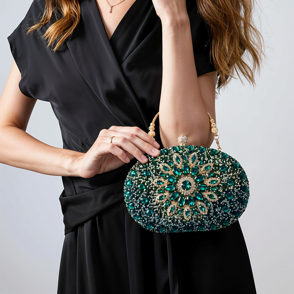 Women Evening Bag Multicolor Clutch Bag Luxury Crystal Handbag Bridal Wedding Purse Glitter Shoulder Bag with Detachable Chain Banquet Party Prom Crossbody Bag Gold-Multicolour, Green/ Gold/ Silver