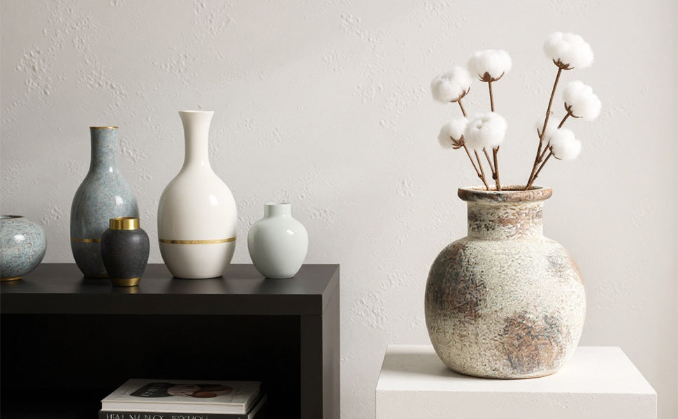 Ceramic Rustic Farmhouse Vase 6 Inch Terracotta Boho Flower Vase Decorative for Dried Flowers Home Decor Living Room Table Shelf Mantel Decoration (D5 x H6 inch)