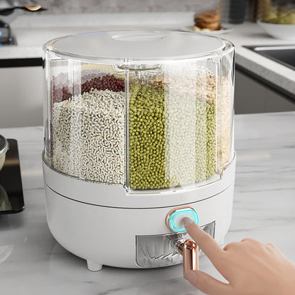 Grain Dispenser 360° Rotating Dispenser 6-Grid Rice Dispenser Food Dispenser Bucket Transparent Kitchen Organization For Countertops, White