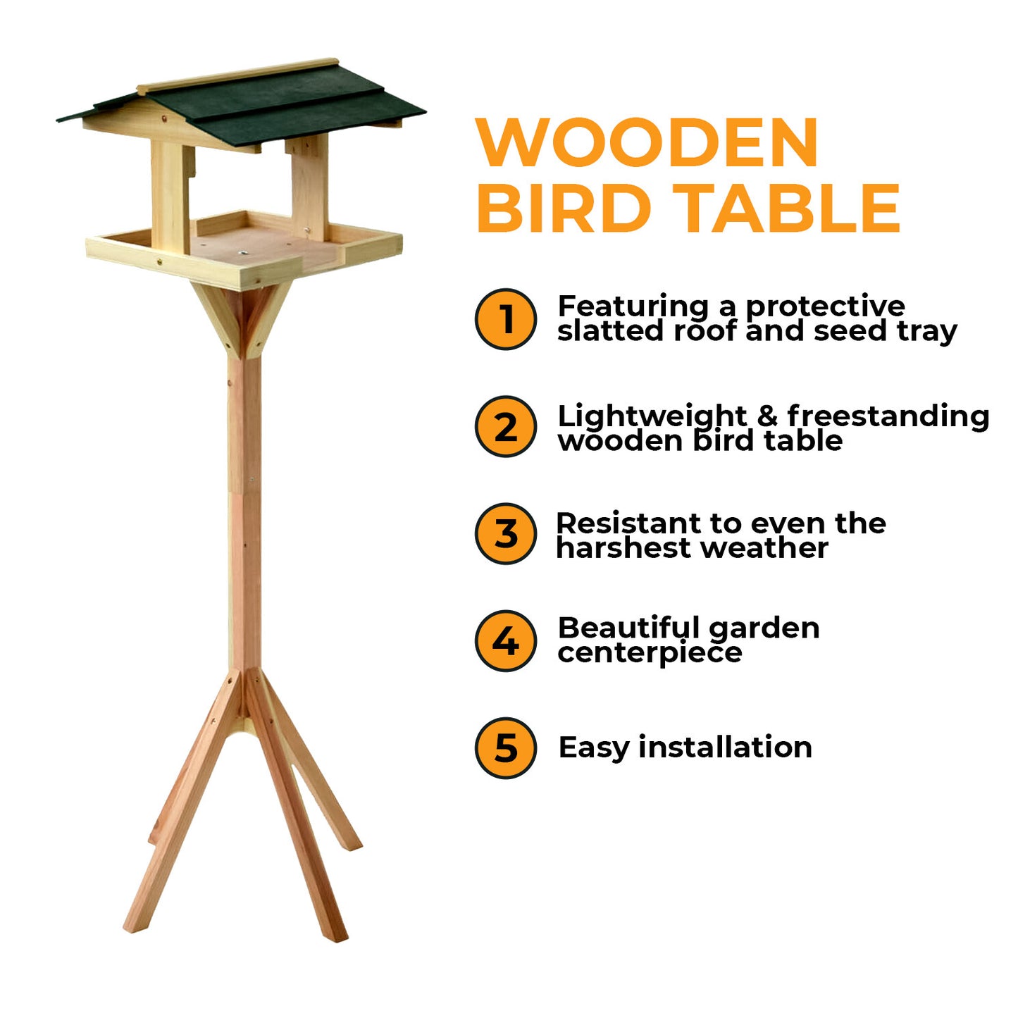Wooden Bird Table Feeding Station - Heavy Duty Wood Bird Feeder Table for Outdoor Garden - Complete Wild Free Standing Bird Food House