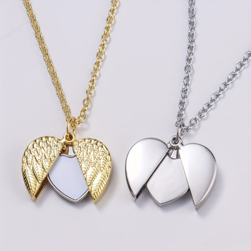 Personalized Angel Wings Necklace Heart Box Pendant Custom Picture Open Box Angel Wing Pendant