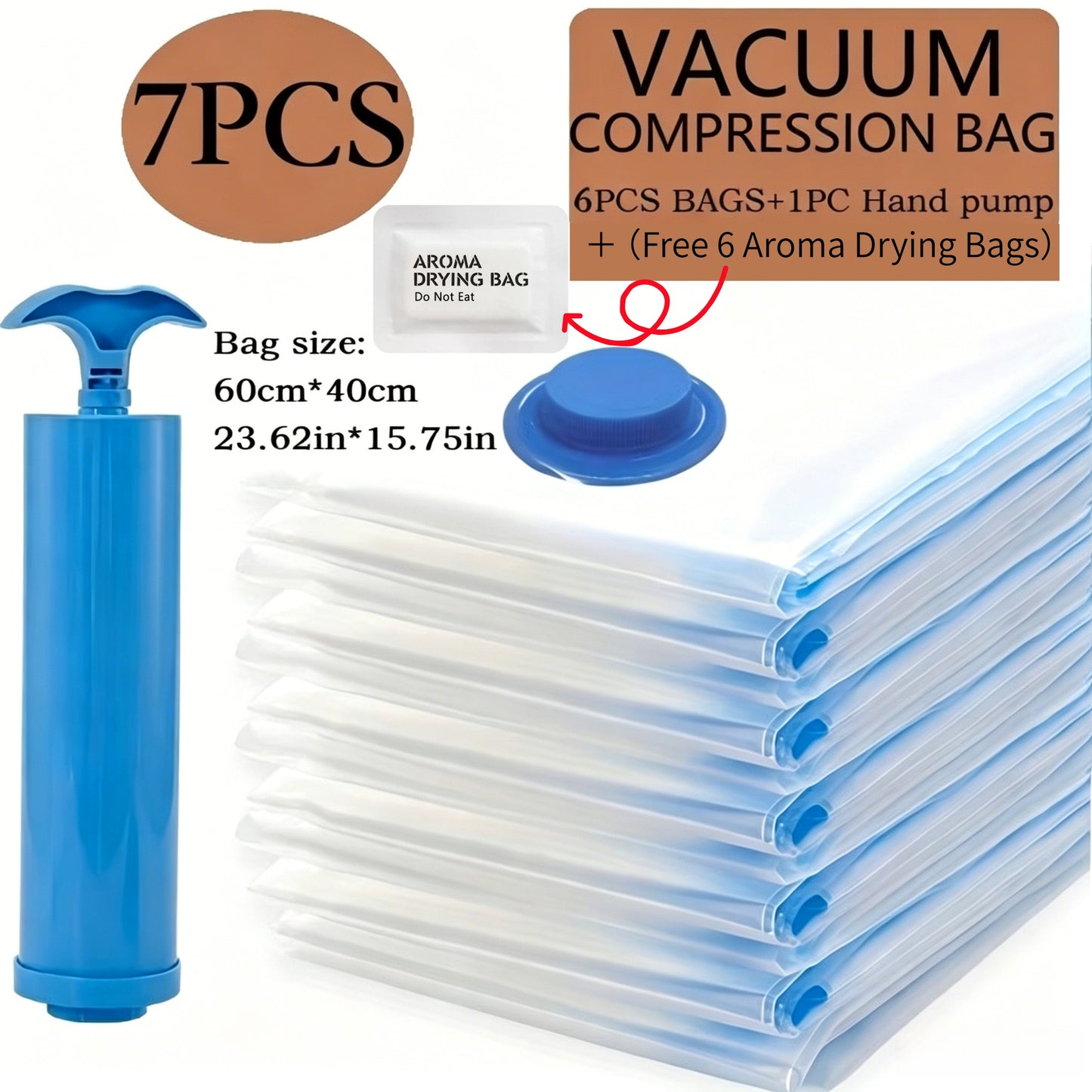7pcs Extra Large Vacuum Storage Bag Set (40x60cm with 1 Manual Pump) - Space Saving, Sealed Compression, Dustproof and Moistureproof, Suitable for Clothes and Bedding, Ideal for Dorms, Wardrobes, and Moving, Includes 6 Free Drying Bags