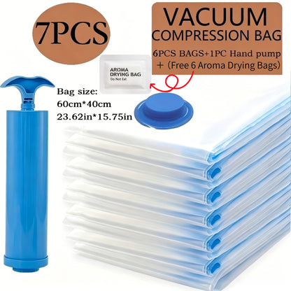 7pcs Extra Large Vacuum Storage Bag Set (40x60cm with 1 Manual Pump) - Space Saving, Sealed Compression, Dustproof and Moistureproof, Suitable for Clothes and Bedding, Ideal for Dorms, Wardrobes, and Moving, Includes 6 Free Drying Bags
