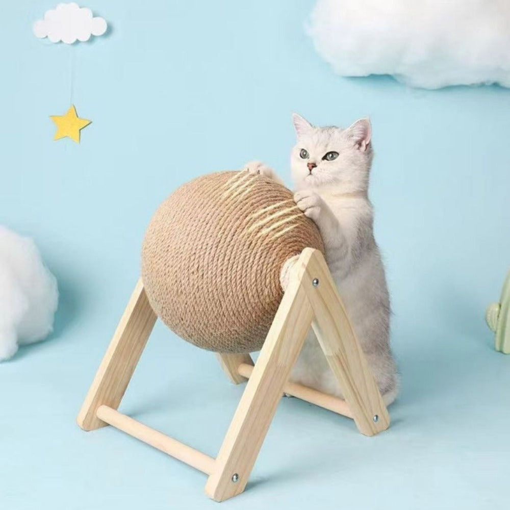 Sisal Ball Cat Scratching Board with Rotating Ball & Cat Hole | Natural Wood Triangular Cat Scratcher | Wear-Resistant Interactive Boredom Relief Toy for Cats | 18x18x16cm