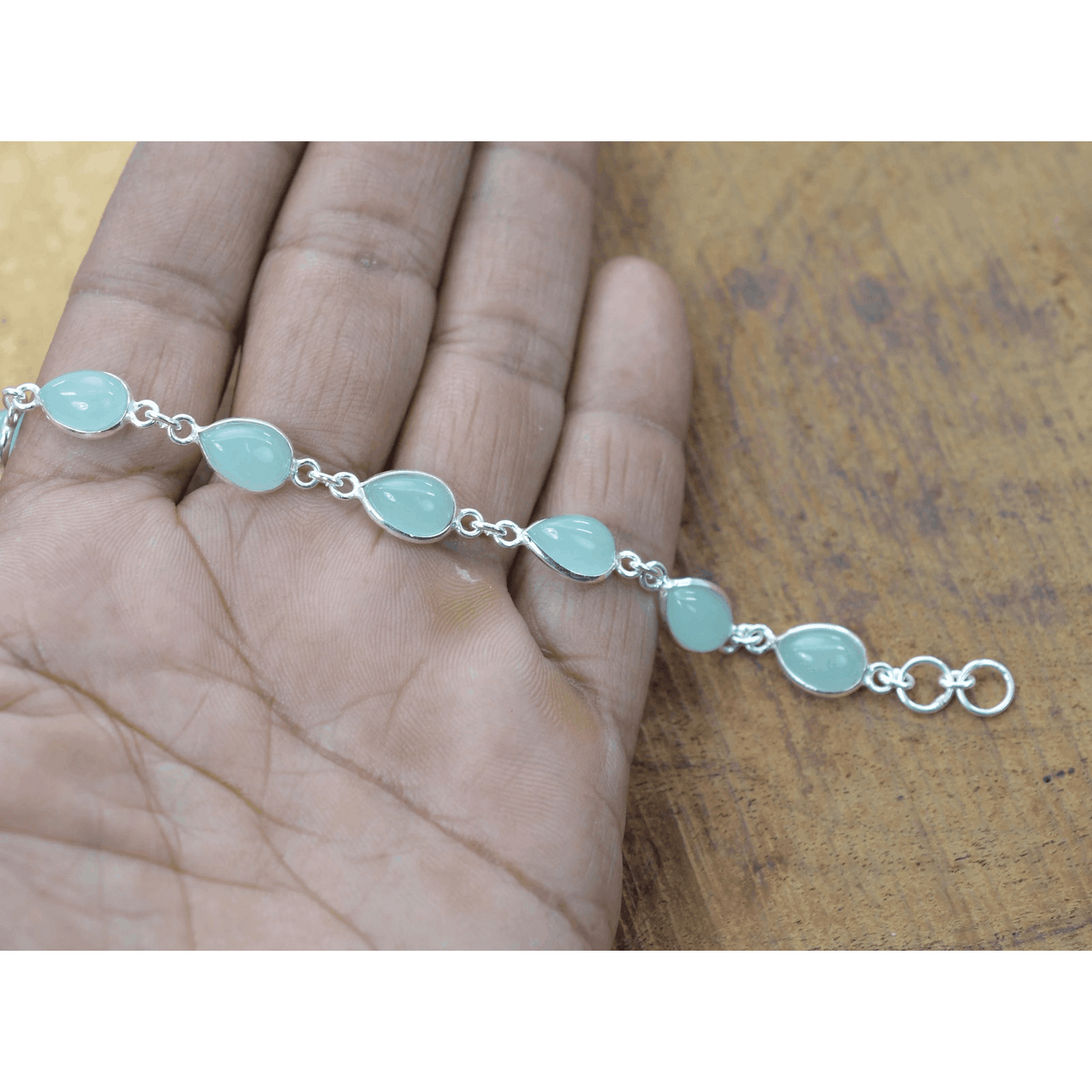 925 Sterling Silver Natural Gemstone Adjustable Bracelet ~ Teardrop Link Bracelet ~ Simple Elegant Jewelry