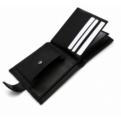 Mens Genuine Leather Wallet Black RFID Blocking Soft Tri Fold Card Slots Id Window and Coin Pocket