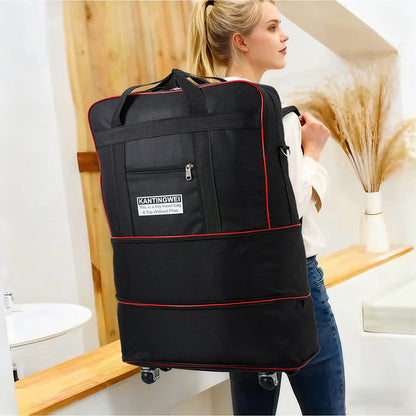 Large Capacity Foldable Travel Bag with Wheels, Oxford Rolling Luggage with Lock, Backpack Travel Duffle, Lightweight Suitcase, Versatile Travel Tote for Airport, Train Travel, Outdoor Trips, Travel Storage Bag, Clothing Protection Bag 1PC