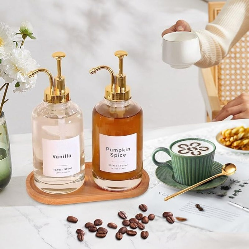 Glass Coffee Syrup Dispenser, Press-Type Liquid Dispenser 2pcs Set, Glass Honey Pot Honey Jar Shampoo and Conditioner Dispenser, 500ml, Gold