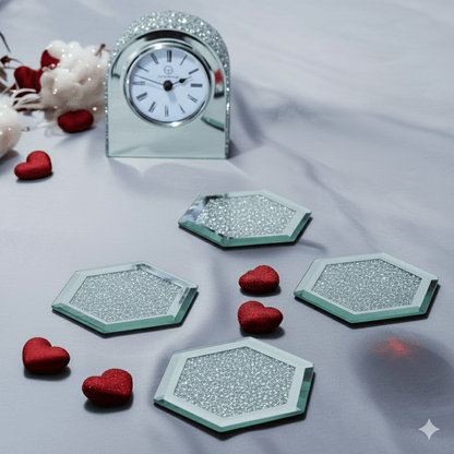 SERENA'S ® Set of 4 Hexagon Crystal Coasters – 10cm Glass Mirrored Drink Coasters with Glitter Crushed Diamond Design – Elegant Coasters for Home, Kitchen, Bar, or Table Decoration