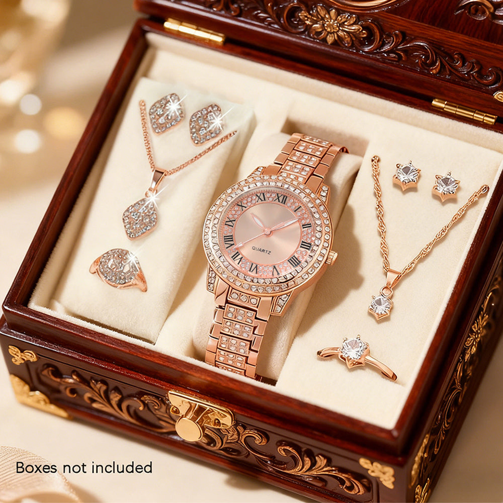 [Women's Jewelry Watch Set] 9pcs Set: Women's Fashion Elegant Quartz Jewelry Watch + 2 Sets of New Shiny Necklaces, Rings, and Earrings - Alloy Case, Quartz - Suitable for Valentine's Day, Easter, Halloween, Ramadan, Birthdays, Christmas, New Year, Daily