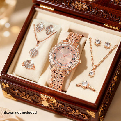 [Women's Jewelry Watch Set] 9pcs Set: Women's Fashion Elegant Quartz Jewelry Watch + 2 Sets of New Shiny Necklaces, Rings, and Earrings - Alloy Case, Quartz - Suitable for Valentine's Day, Easter, Halloween, Ramadan, Birthdays, Christmas, New Year, Daily