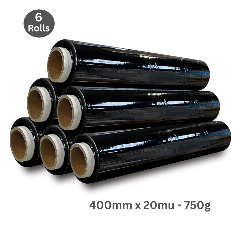Black Pallet Wrap 6 Rolls 400mm x 250m 20mu Stretch Wrap Film Tear Resistant Waterproof Shrink Wrap for Pallets Furniture Moving