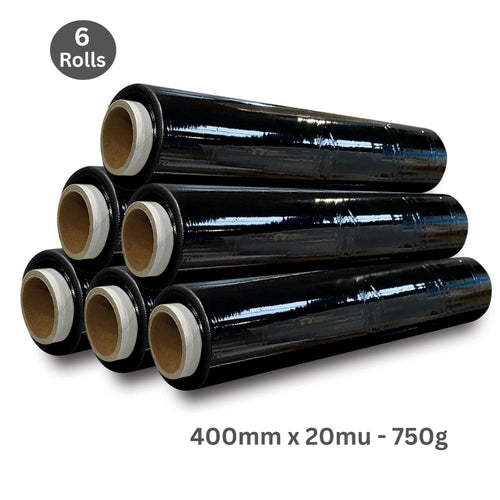 Black Pallet Wrap 6 Rolls 400mm x 250m 20mu Stretch Wrap Film Tear Resistant Waterproof Shrink Wrap for Pallets Furniture Moving