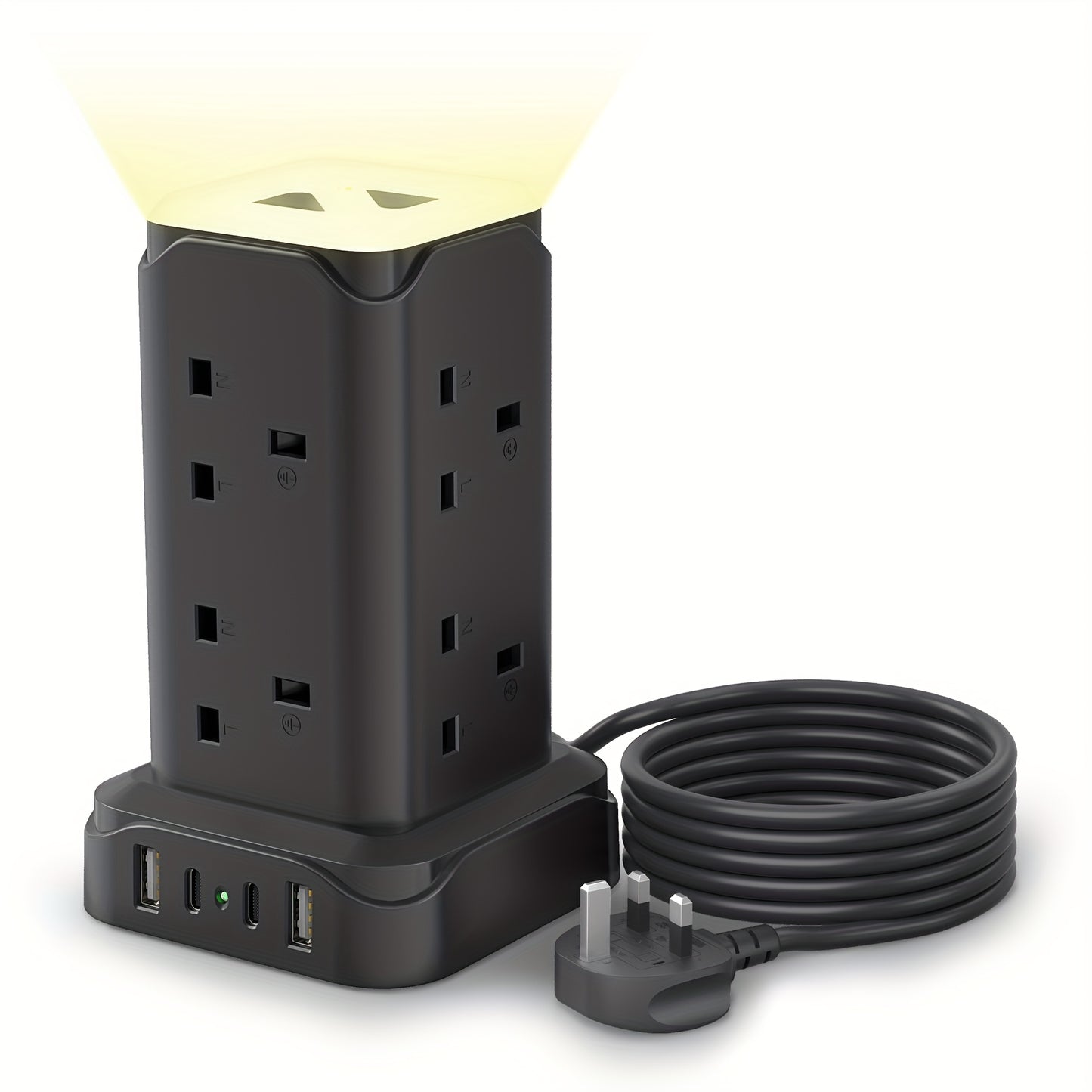 Upgraded New Product Tower Extension with USB Slots 3.02m, 20W Fast Charger with Night Light, (13A 3250W)5 USB Ports & 8 Way, Surge Protected Extension with 4 Independent Switch, Extension Cable for Home Office for Business for Factory