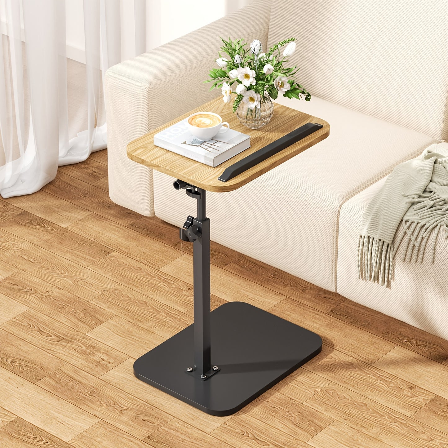 360° Swivel TV Side Table with Adjustable Height - Sturdy C-Shaped Sofa Bed Desk, Solid Wood Top And Durable Base, Tool-Free Assembly, Space-Saving Rotating Table Ideal for Small Spaces, Nightstands, Home Office Or Dormitory for Sofas, Chairs