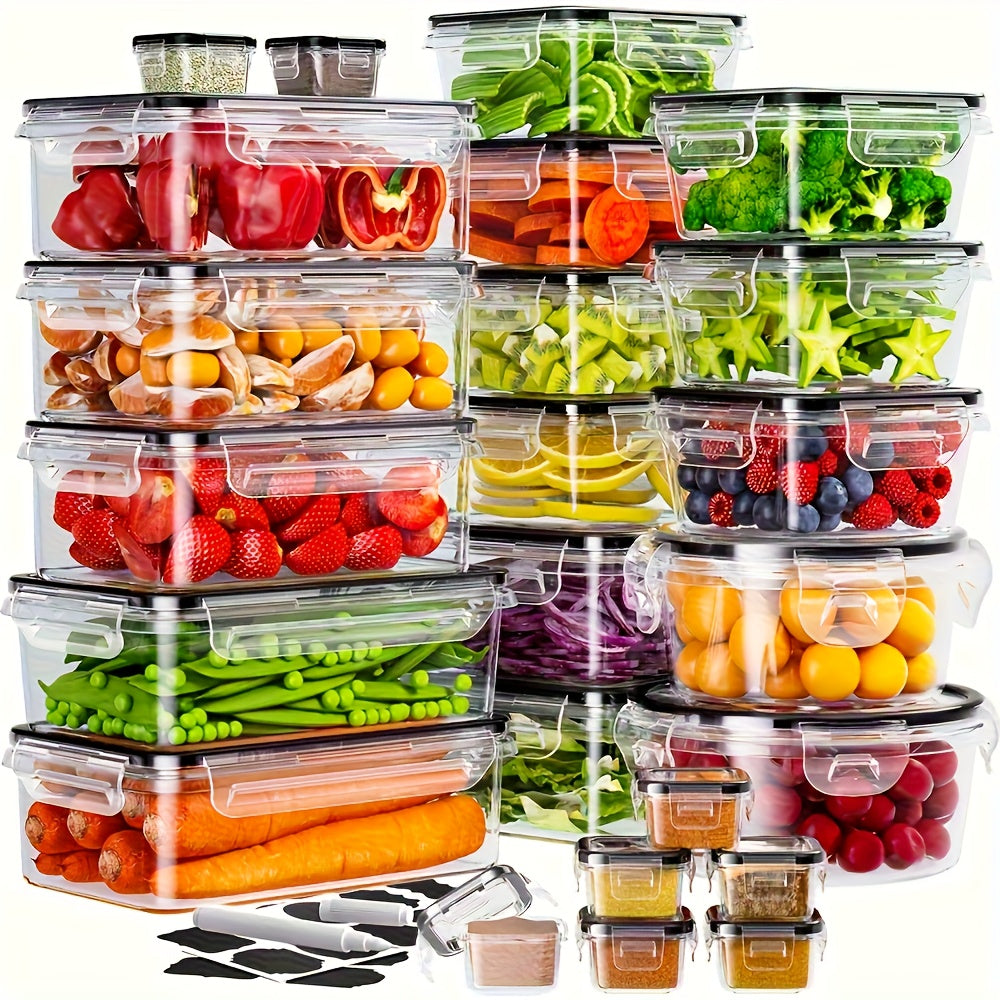 50pcs Food Storage Container Set - Kitchen Storage Containers with Easy-To-Secure Lids (24 Lids And 24 Containers And Stickers And Pen) - Sealed Plastic Containers for Kitchen Organizing, Travel, Outdoor Picnics, Includes Labels And Markings