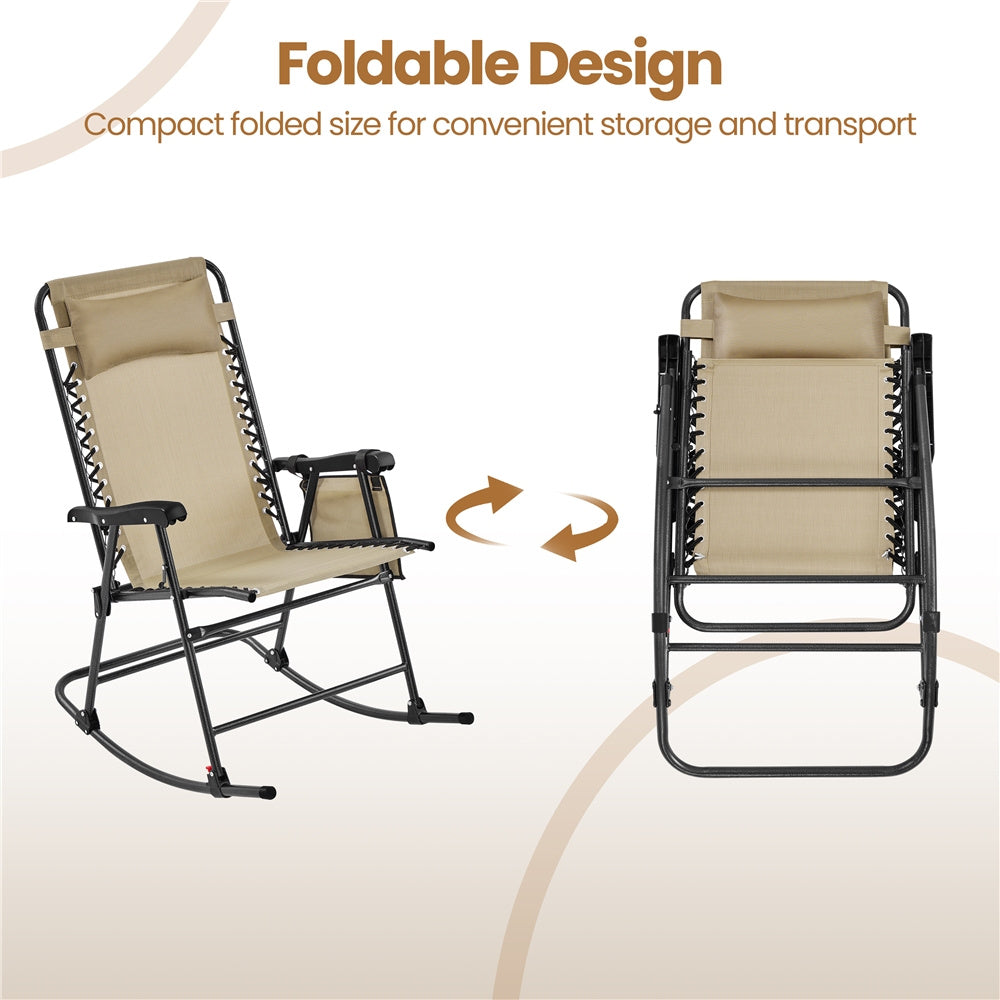 Costoffs Patio Chair Foldable Rocking Chair, Outdoor Lounge Chair with Headrest Pillow for Outdoor Use Only, Napping or Sunbathing, Black/Beige/Navy Blue Outdoor Use Only