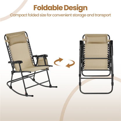 Costoffs Patio Chair Foldable Rocking Chair, Outdoor Lounge Chair with Headrest Pillow for Outdoor Use Only, Napping or Sunbathing, Black/Beige/Navy Blue Outdoor Use Only