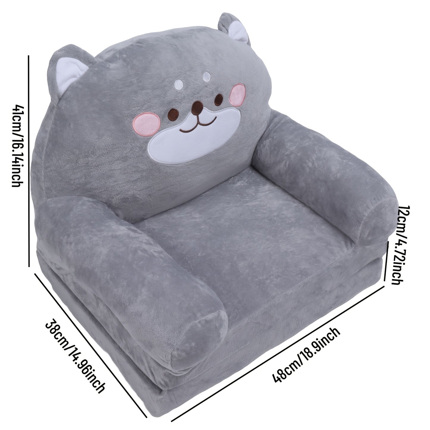 Cozy Kid Folding Sofa, Plush, Washable Lounge Chair for Playroom & Nursery, Gray Dog Style Foldable Wide Handle Soft Breathable Toddler Chair for Reading Relaxing Sleeping