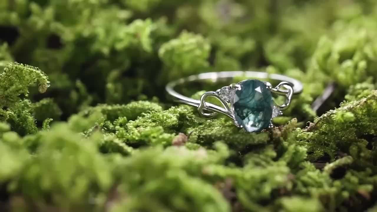 Pure Silver Elegant Niche S925 Natural Moss Agate Round Infinity Engagement Wedding 1.9G Ring (Ring Box Is a Photography Prop) Note: Moss Agate Is a Natural Stone, Each Pattern Is Slightly Different