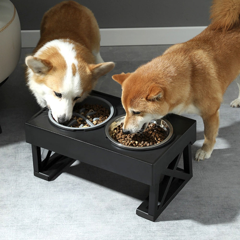 Elevated Dog Bowl Stand Height-Adjustable – Raised Feeder with Stainless Steel & PP Bowls for Small, Medium & Large Dogs, Anti-Slip Feeding Station, 45x26x27.5cm, Black