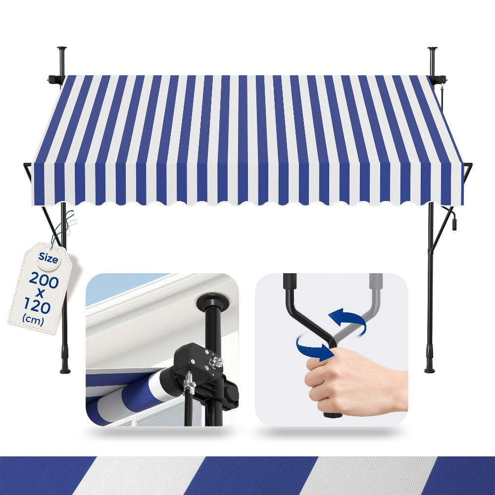 Retractable Awning 200x120cm Hand Crank | No Drilling Clamp Fit | UV Resistant 180g/m² PU Coated | 0-90° Tilt Height 1.75-3m | Patio Balcony Sun Shade | 4 Colours