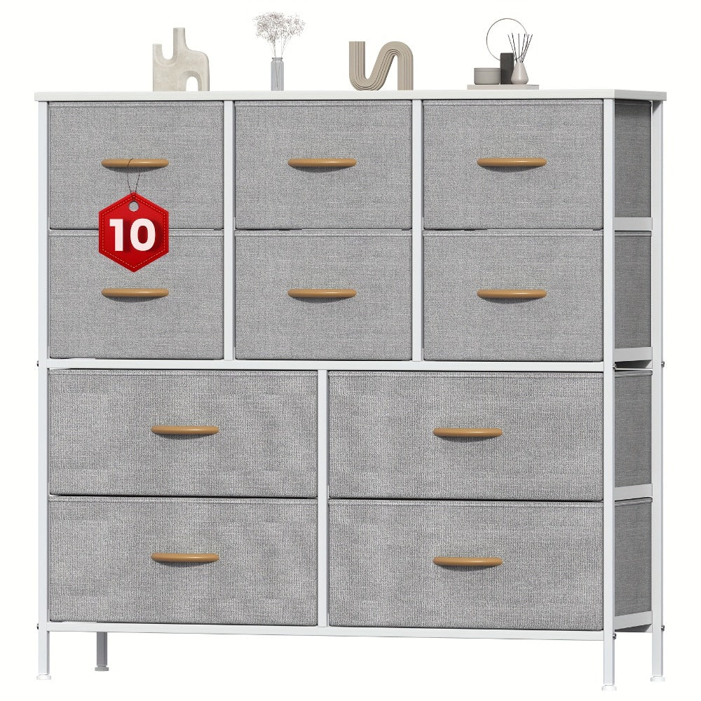 10-Drawer Dresser with Metal Frame & Fabric Drawers – MDF Top, Adjustable Legs & Anti-Tip Safety for Bedroom, Closet, Living Room & Office