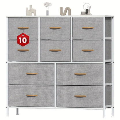 10-Drawer Dresser with Metal Frame & Fabric Drawers – MDF Top, Adjustable Legs & Anti-Tip Safety for Bedroom, Closet, Living Room & Office