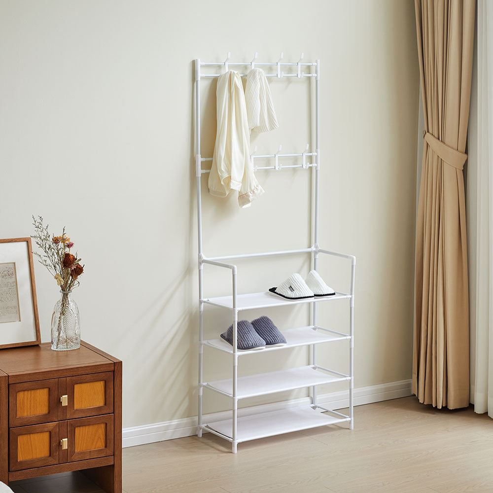 Metal Clothing Rail Rack, Multi Fucntional Coat Hat Stand With Shoe Rack Non Woven Fabric Shelves, Entryway Hall Tree with Bench and Shoe Storage Clothes Rack Hanging Rail Coat Hanger Home Freestanding Coat Rack Hanging Clothes Rack for Clothes, Coats, Sk
