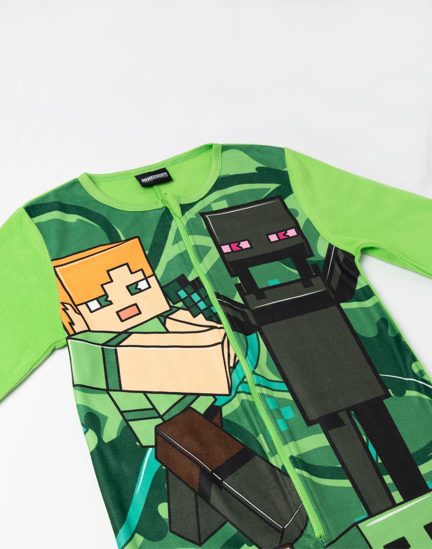 Minecraft Creeper Boys Green Zip-Up Onesie | Long Sleeve Microfleece Sleepwear with Steve & Enderman Print | Kids Gamer Nightwear | Ideal for Bedtime & Lounging | Minecraft Merch - 13-14 Years
