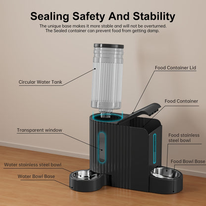 Dog And Cat Food Feeder And Water Dispenser, Two-In-One Set, Automatic Gravity Feeding, 304 Stainless Steel Bowl, Removable And Washable, for Small/Medium/Large Dogs And Cats, 3L Large Capacity, Black, Without Battery