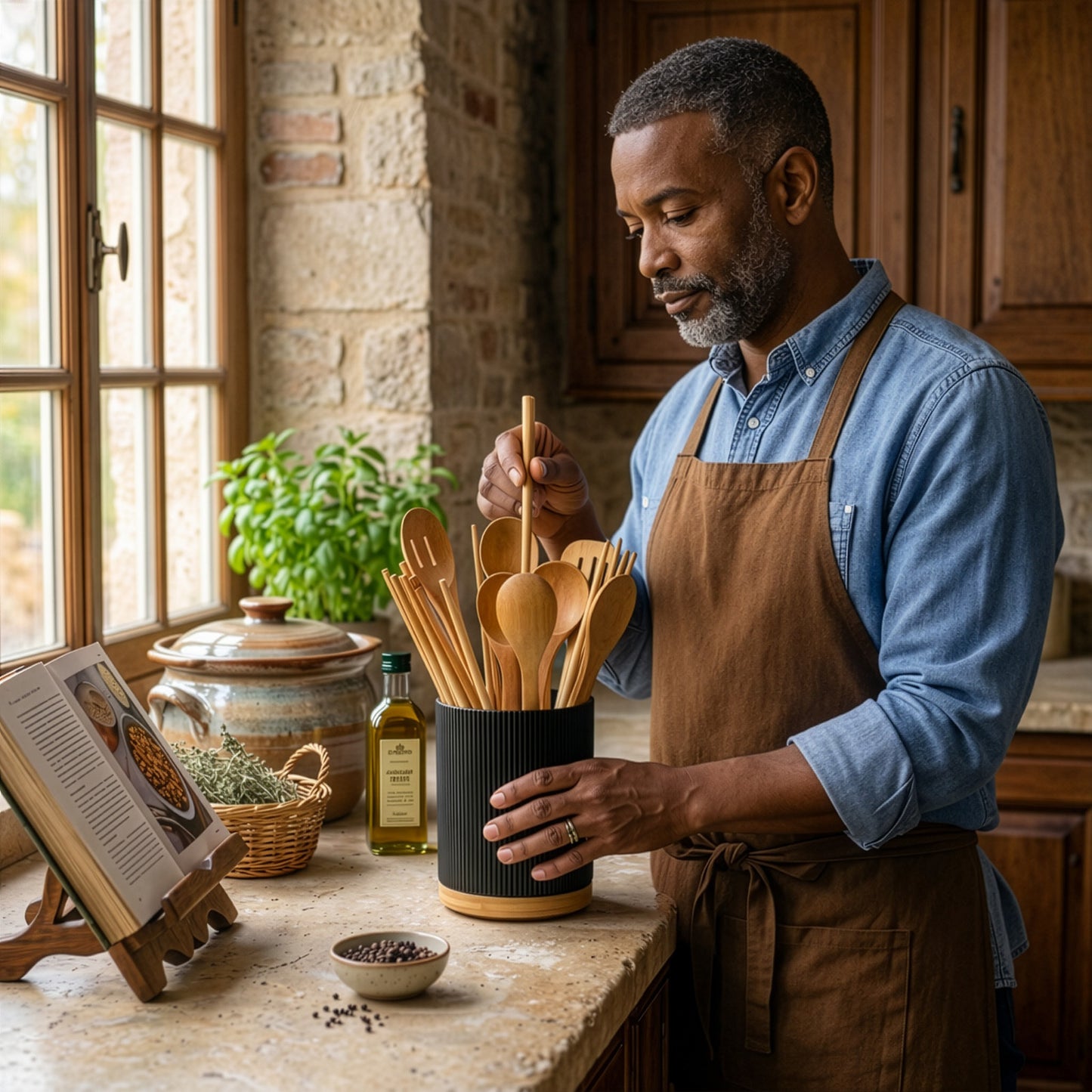 360° Rotating Ceramic Kitchen Organizer with Detachable Bamboo Base – Space-Saving Utensil Holder for Countertops, Perfect for Cooking Tools, Flower Vases, and Whisky Glasses, Kitchen Accessories