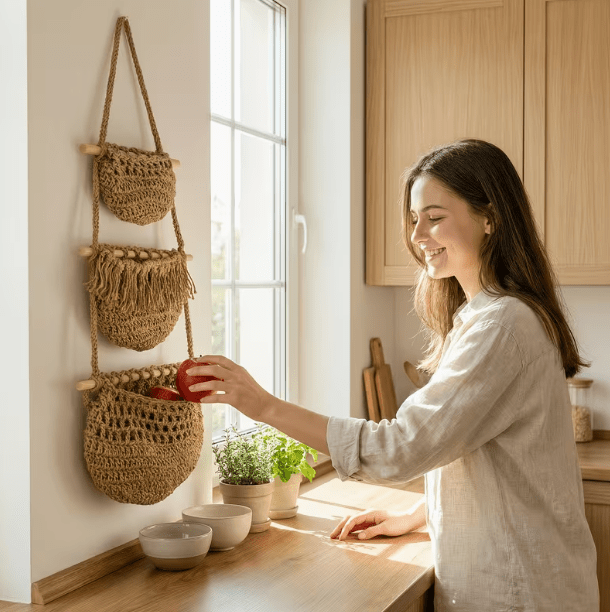 Boho Chic 3-Tier Wall Hanging Storage Basket - Handwoven Rope Organizer for Fruits, Vegetables & More - Easy Install, Versatile Home Decor, Storage Basket