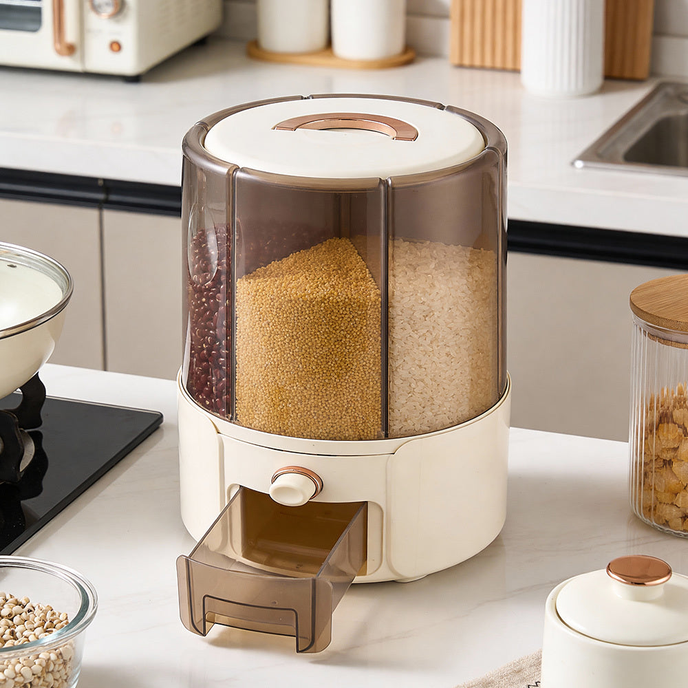 Transparent Grain Storage Containers, 6 Grid 360 ° Rotating Kitchen Rice Bucket, Rotating Dry Food Dispenser, Rotating Food Storage Dispenser, Space Saving, Cream Yellow