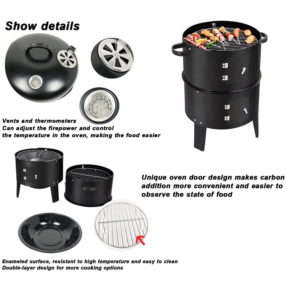 1pc Black 40x84cm Dual Access Outdoor Smoke Grill with 37cm Diameter, Perfect for Party, Family Dinner, and Outdoor BBQ – Durable Iron Construction, Efficient Heat Distribution, Convenient Charcoal Addition, Versatile Smoking Grill | Dual Access Grill | E