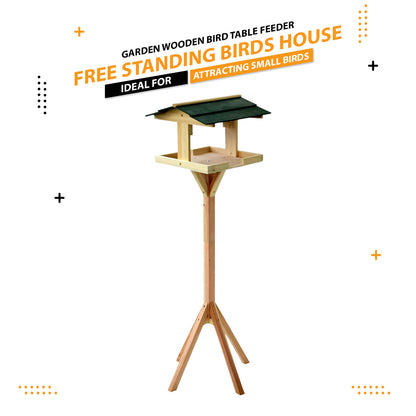 Wooden Bird Table Feeding Station - Heavy Duty Wood Bird Feeder Table for Outdoor Garden - Complete Wild Free Standing Bird Food House