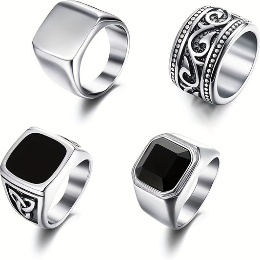 4pcs 304L Stainless Steel Rings for Men Vintage Biker Signet Ring Solid Polished Rings Set Size