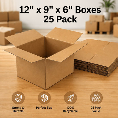 Cardboard Boxes 25 Pack 12x9x6 Inch Single Wall Brown Postal Boxes – Flat-Packed Corrugated Shipping Cartons for E-Commerce, Moving, Storage & Packing UK
