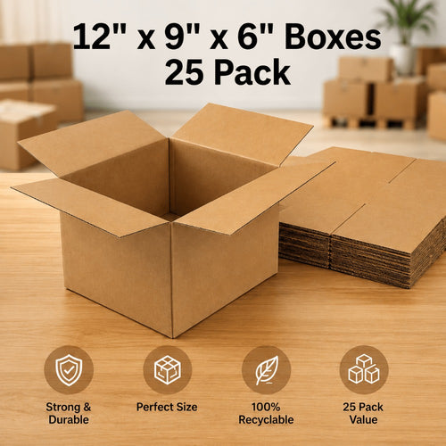 Cardboard Boxes 25 Pack 12x9x6 Inch Single Wall Brown Postal Boxes – Flat-Packed Corrugated Shipping Cartons for E-Commerce, Moving, Storage & Packing UK